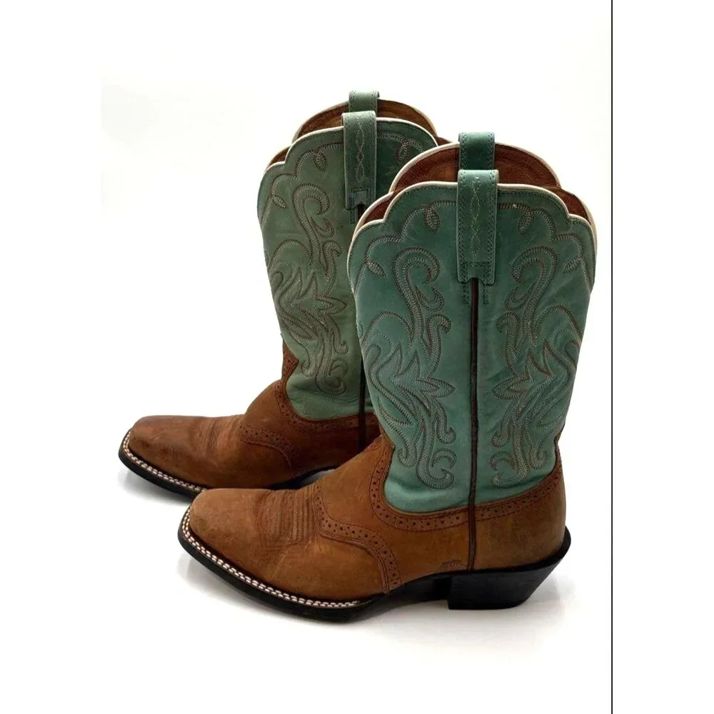 Ariat Women's 15840 Brown and Teal Leather Western Cowboy Boots Size 7.5B